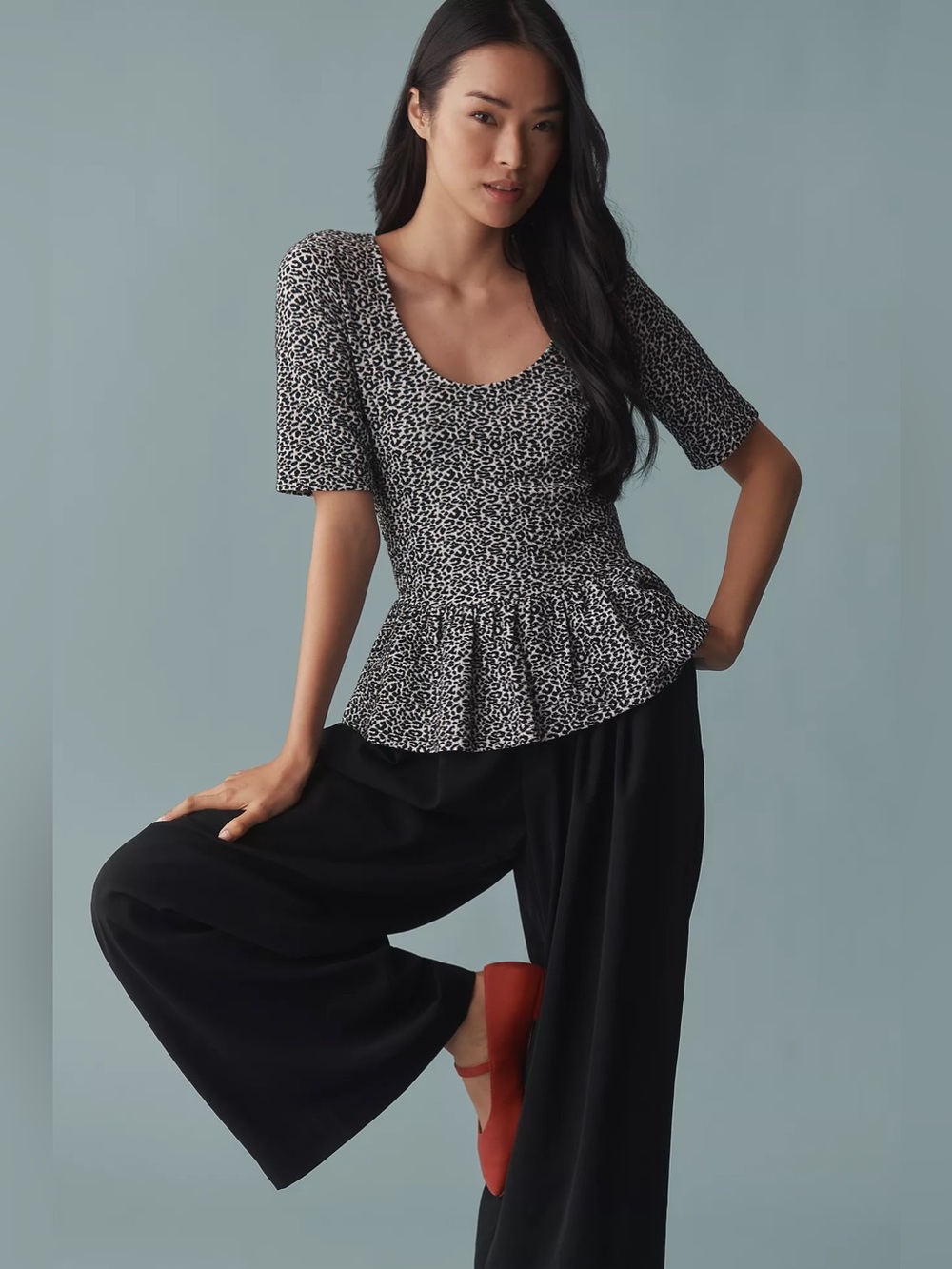Maeve Peplum Scoop-Neck Tank black and white animal print small
